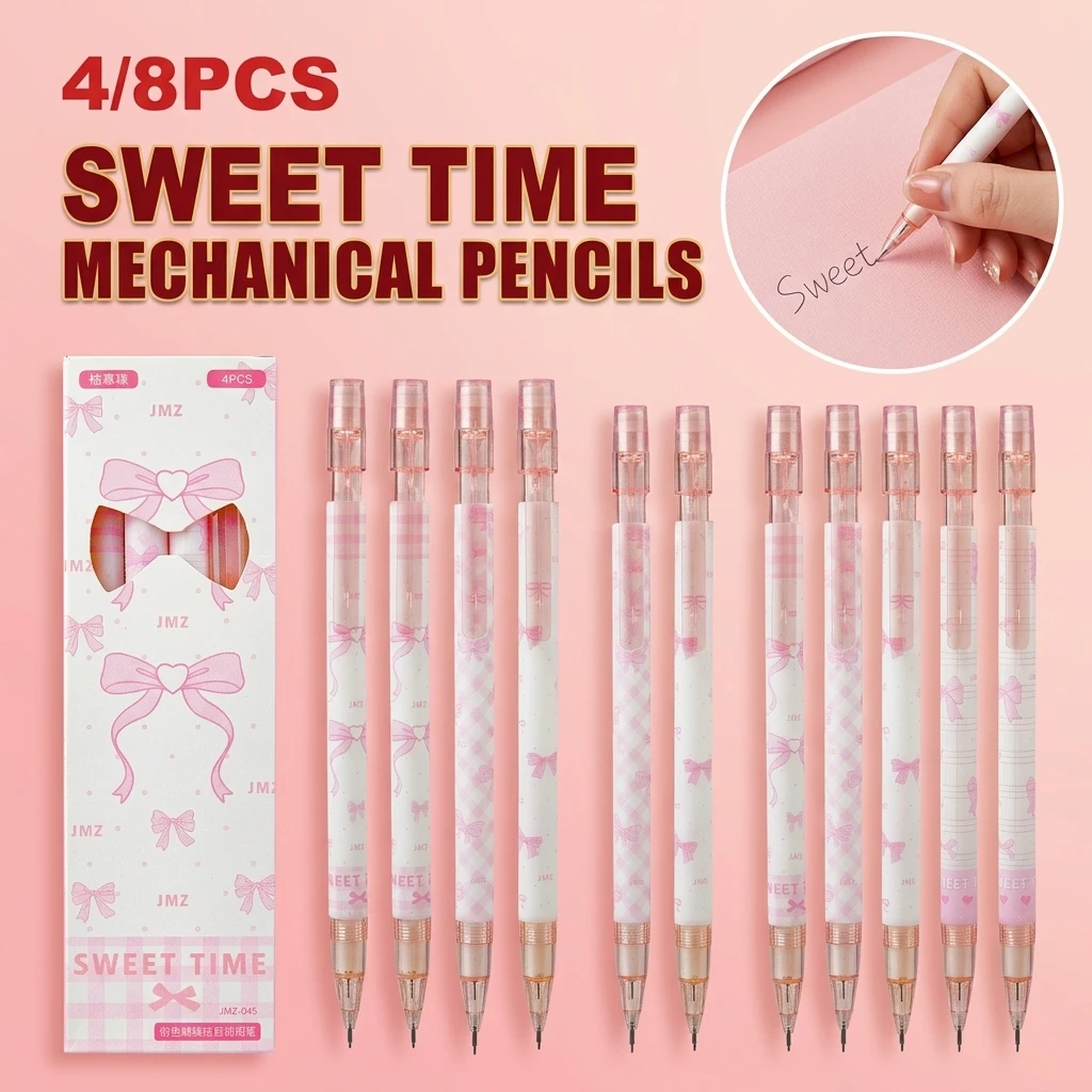 4/8Pcs Pink Bow-Knot 0.5mm Automatic Pencils Kawaii Cute School Supplies Student Learning Stationery Notebook Drawing Girls Back