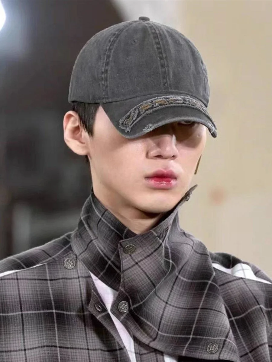 Washed Grey Baseball Cap with Embroidery Duckbill Cap Street Style round Top Curved Brim Unisex Youth Spring Autumn Winter