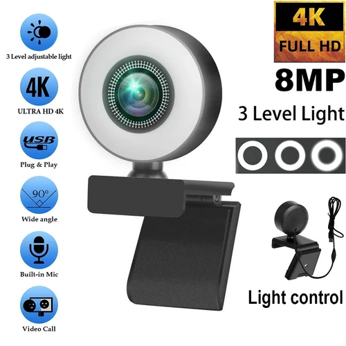 Cámara web 4K 2K 1080P, Control de luz, Full HD, 8MP, PC, portátil, Enfoque automático, transmisión en vivo, Flexible con micrófono, transmisión en vivo