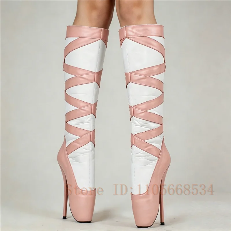 Women Color Blocking Knee High Ballet Stiletto Boots Crisscross Wrapped Strap Design Ultra High Heel Exotic Pole Dance Shoes