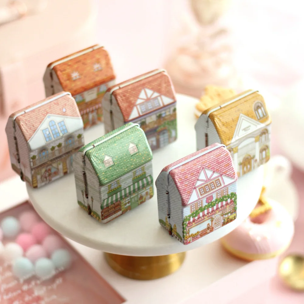 6Pcs Mini House Shaped Tin Boxes Metal Storage Boxes with Hinged Lid Vintage European Style Multi Purpose Candy Organizer