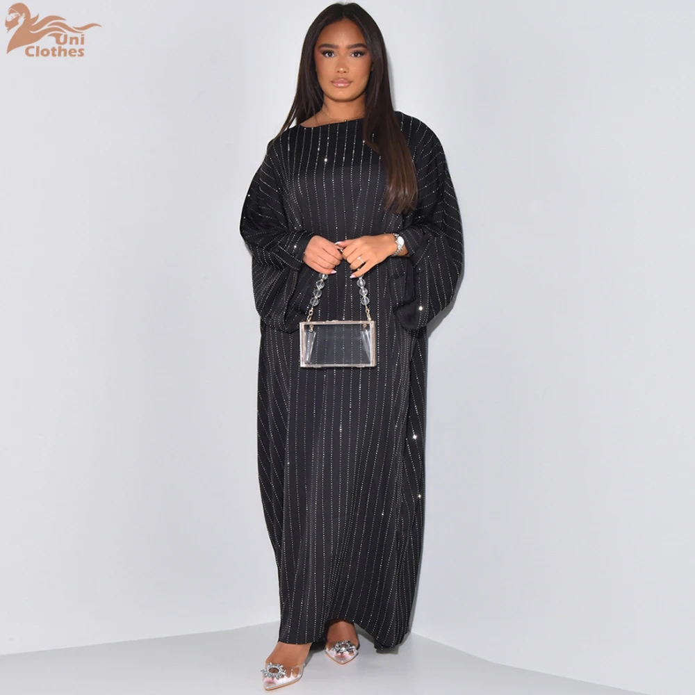 Eid Black Muslim Kaftan Satin Shiny Batwing Abaya Dubai Luxury African Dresses For Women Caftan Marocain Robe Femme Musulmane