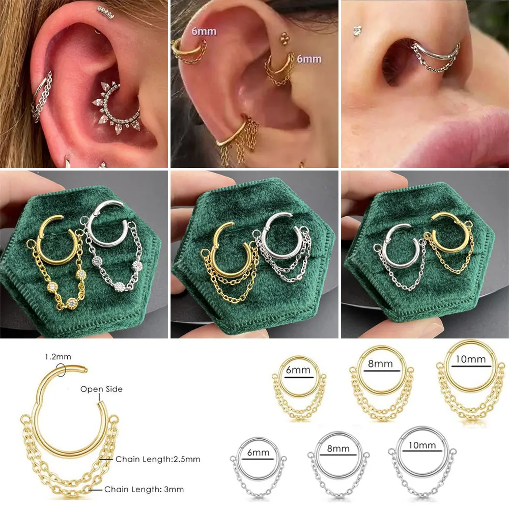 16G Stainless Steel Chain Piercing Helix Earring Hinged Clicker Septum Ear Nose Ring Cartilage Sleeper Earring Piercing Jewelry