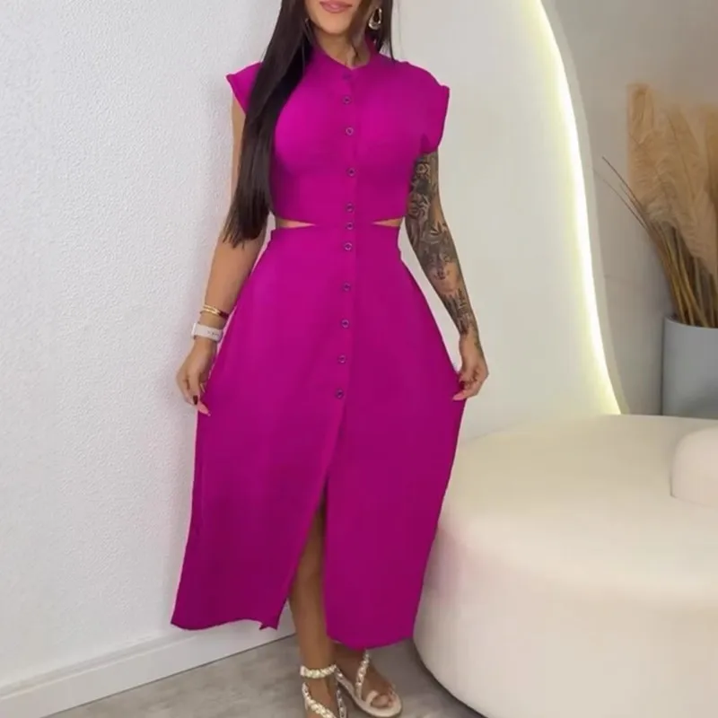 

Summer Sexy Hollow Out Waist Long Dresses Woneb 2025 Fashion New Sleeveless High Split Shirt Dress Office Elegant Party Dress