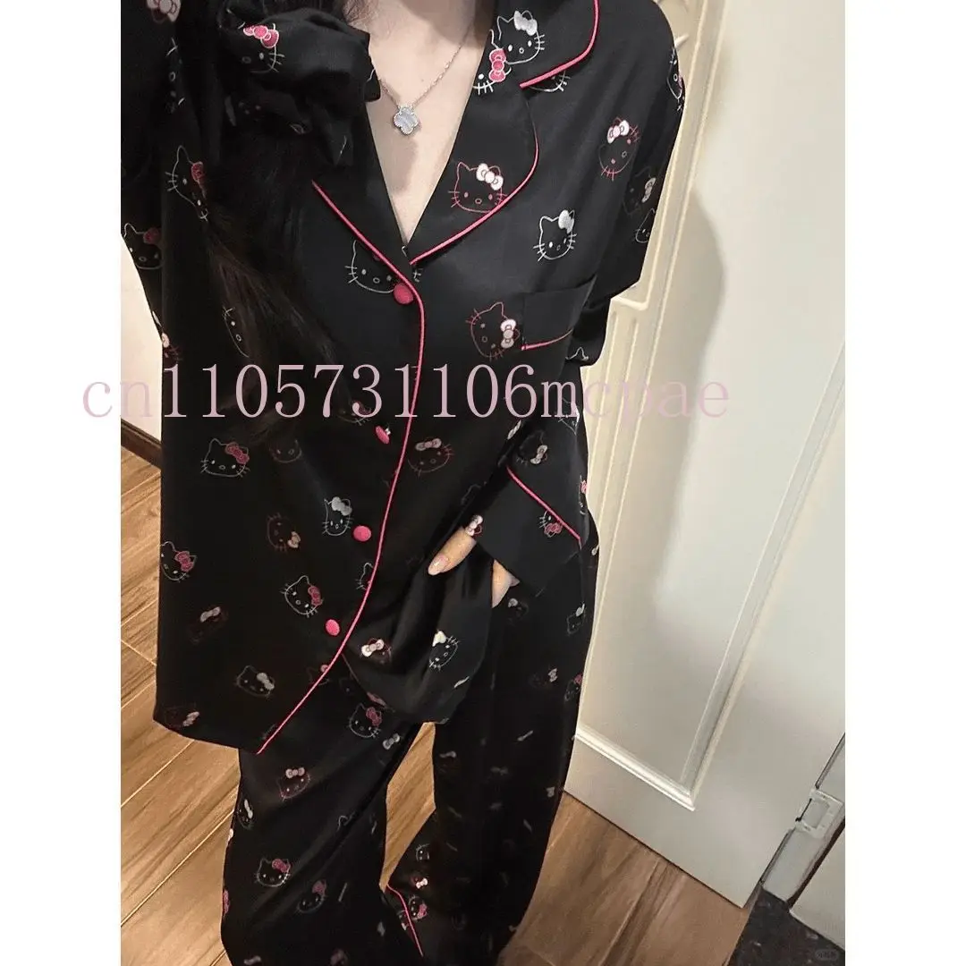 

Hello Kitty Print Pajama Set Women Sweet Cartoon Faux Silk Sleepwear Long Sleeve Loungewear Homewear Outfit Cozy Fall Spring