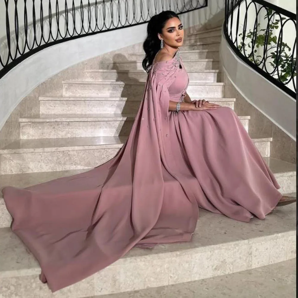 Customized Rhinestone One Shoulder Evening Dresses with Cape Beaded Pleat فساتين سهرات Satin Arabic Dubai Formal Gown
