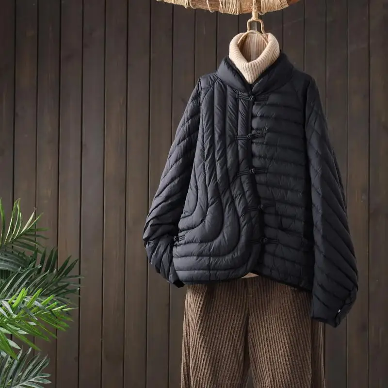 

New Chinese Sle White Du down Jaet Winter New Loose Stand Collar Retro Button Artistic Sle Women's down Coat