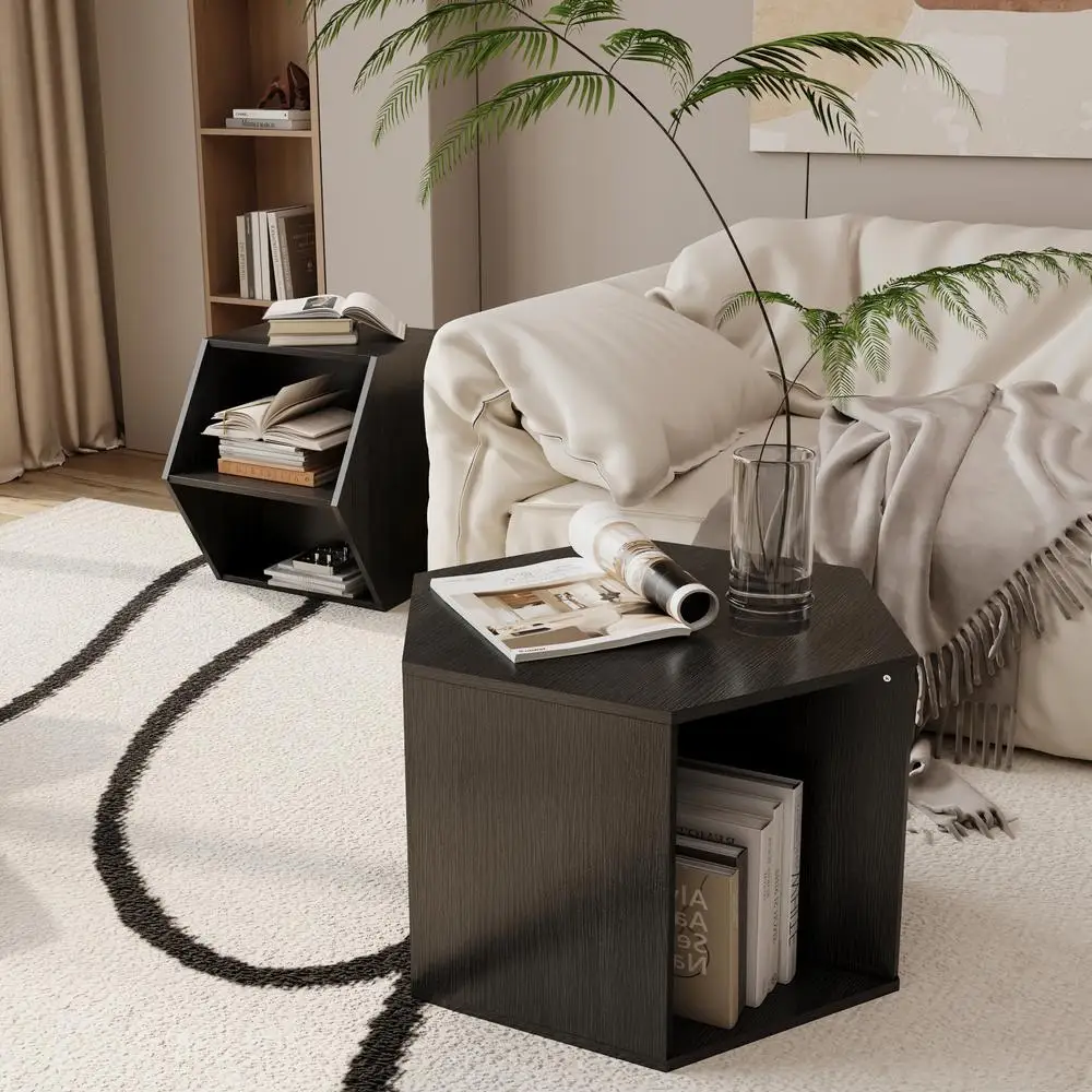 Set tavolino esagonale 2 pezzi Birmano Sumac Tavolino moderno geometrico Comodino con ripiano portaoggetti