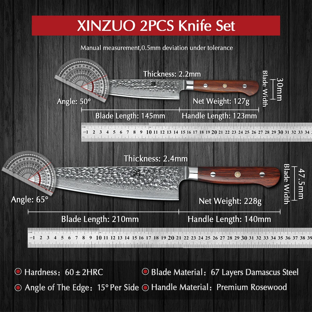 XINZUO 2 PCS Kitchen Knives Chef Set Damascus Forged Steel Chef Santoku Utility Knife Kitchen Stainless Steel Rose Wood Handle