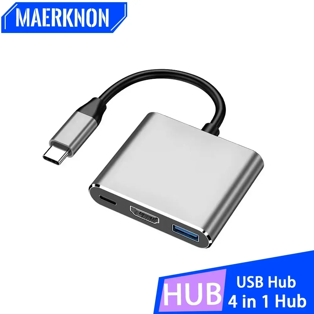 3 In 1 USB C Hub With 4K USB 3.0 Type-c to Square Portable for Macbook iPad Samsung S10 Dex TV Projector Laptop Mouse