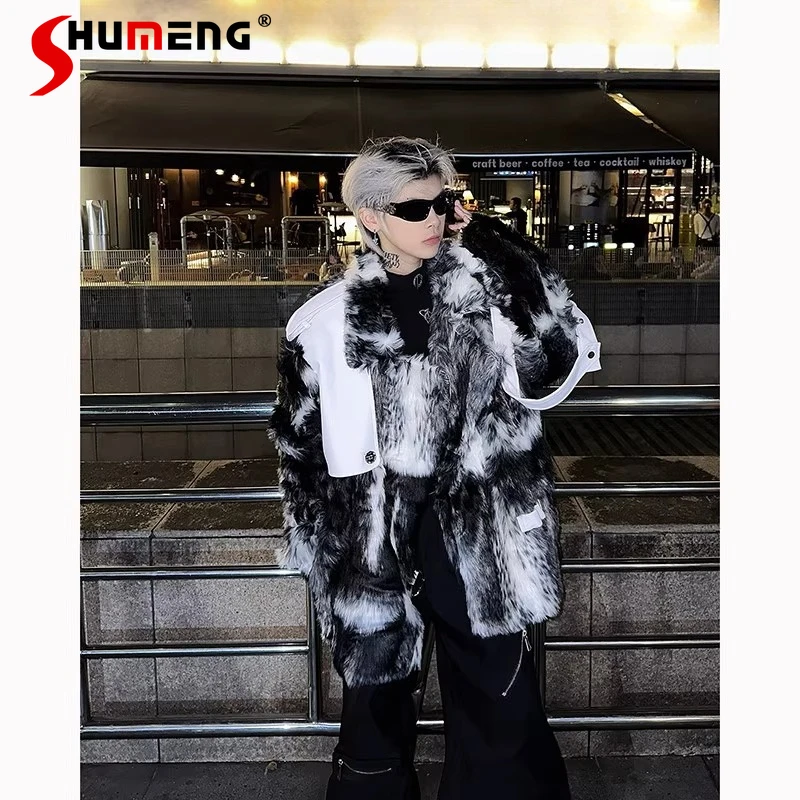 

Мужская зимняя новинка 2025 года, чернильная стирка, градиентный дизайн, сращивание искусственного меха, плюшевые модные куртки, мужская короткая модная парка из искусственного меха