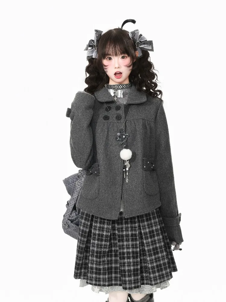 Kawaii Girls Coat Women Lapel Wool Autumn Elegant Outerwear Cute Sweet Chic Premium Tweed Jacket Overcoat