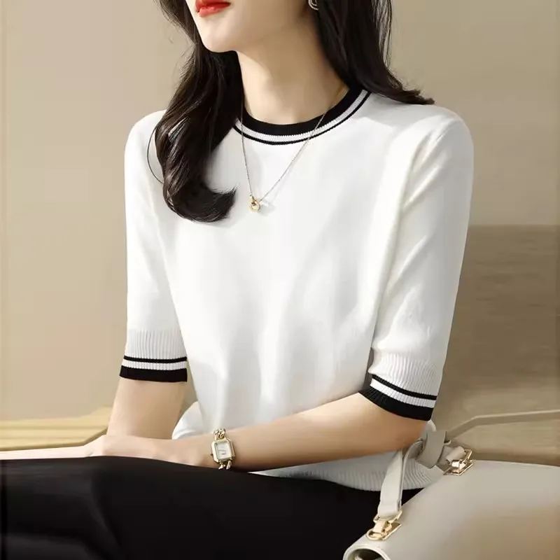 Female Korean New Round Neck Short Sleeve T-shirt Women\'s Underlay Fashion Half Sleeve Knitted Top Thin and Fashionable Pullover