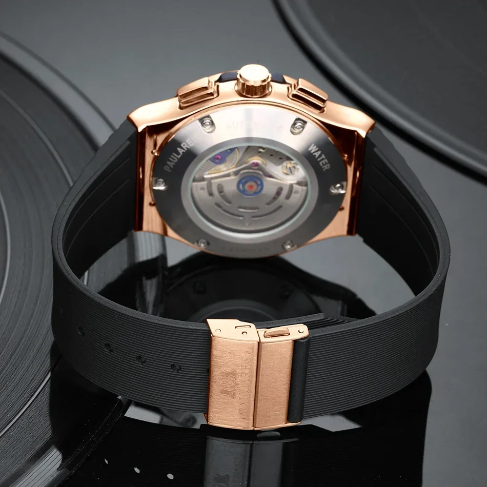 Luxury Chronograph Skeleton Ceramic Bezel Blue Luminous Automatic See Through Rose Gold Titanium Rubber Men Quartz Watch