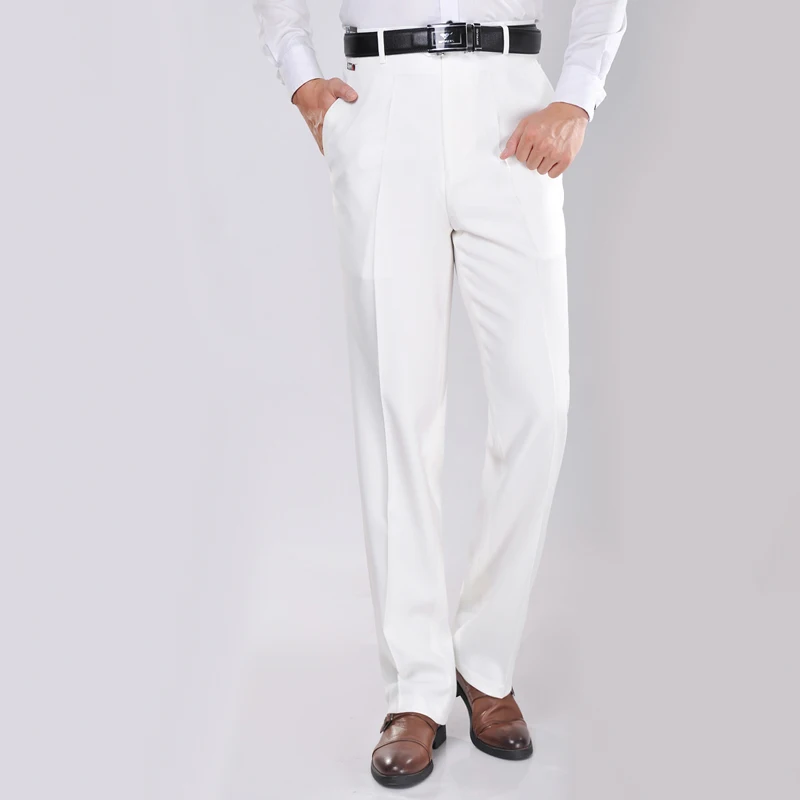Spring Autumn Men's Pure White Linen Suit Pants Casual Silk Dad Jeans Loose Fit Business Gentleman Style Elastic Waist Trousers