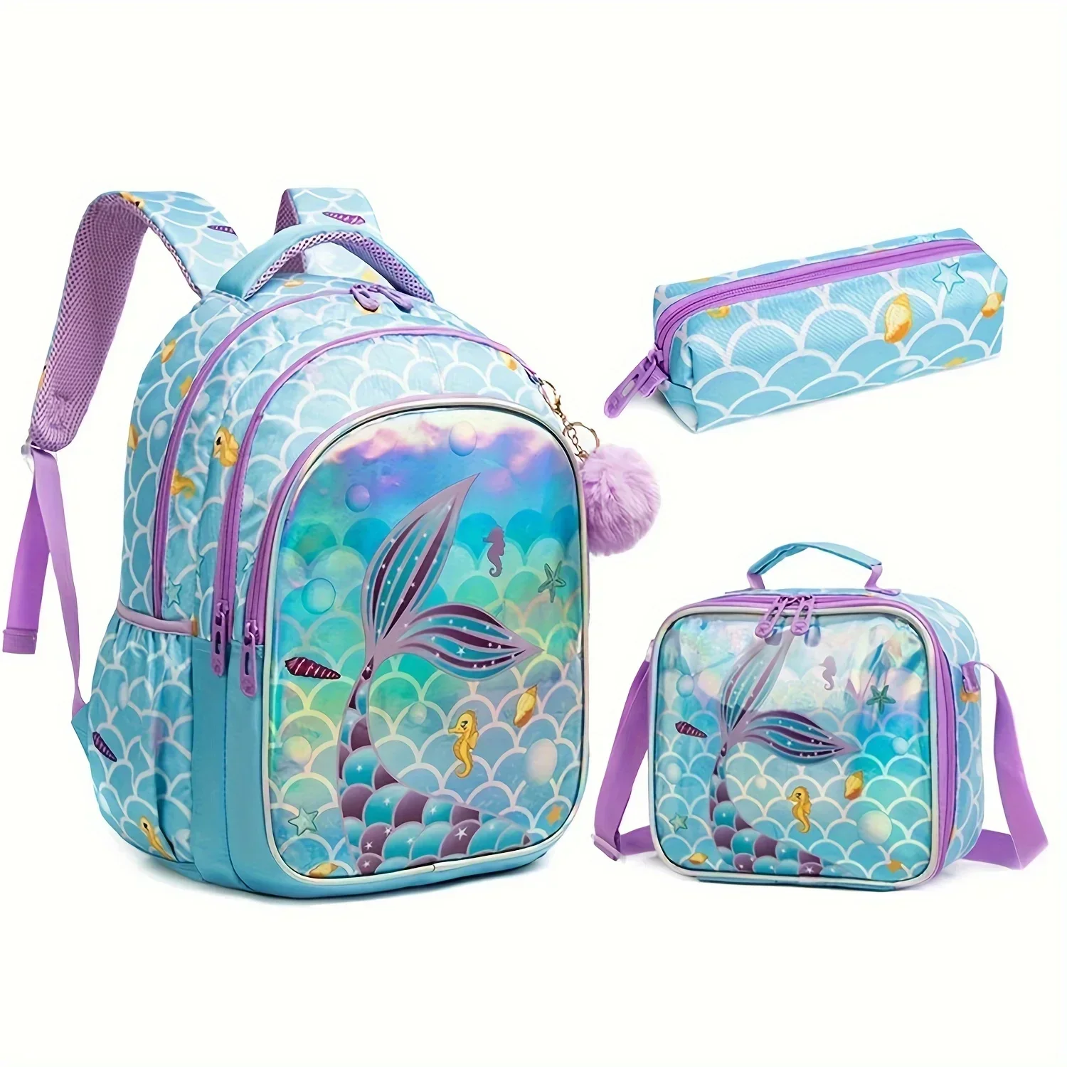 Mochila escolar para niños y niñas con estuche para lápices de almuerzo, bolsas escolares impermeables para niñas, mochila de sirena, bolsa de libros para niñas