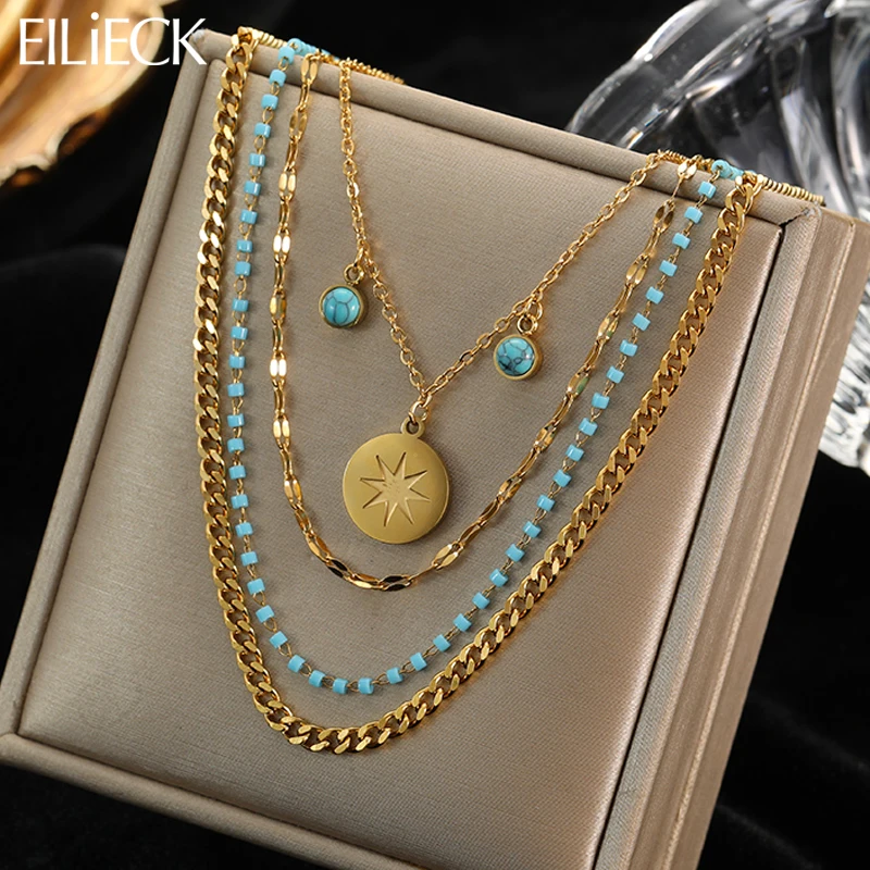 EILIECK 316L Stainless Steel Gold Color 4-Layer Chains Blue Stone Eyes Necklaces For Women Vintage Ladies Neck Jewelry Gifts