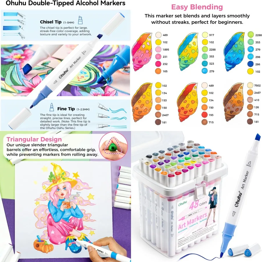 

48-цветные спиртовые маркеры с двойным наконечником, долотою и тонкими кончиками для раскрашивания и иллюстраций для взрослых идеально подходят для художественных занятий и