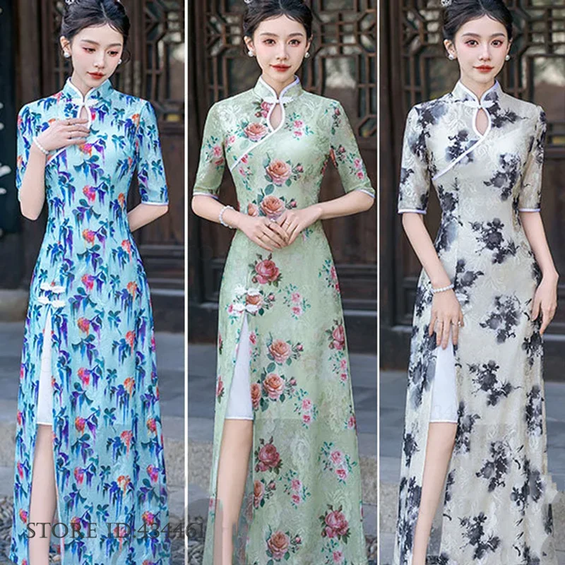 Sexy Print Flower Chinese Dress Plus Size Female Aodai Qipao Traditional Long Cheongsam Folk Dance Stage Performances Costume
