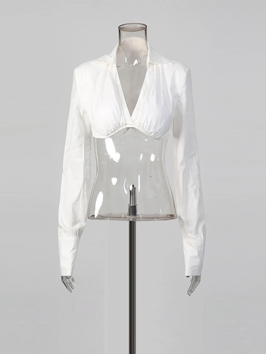 CHICEVER-Conjunto de dos piezas con pliegues empalmados para mujer, camisa de manga larga con cuello de pico, falda minimalista para vacaciones, moda nueva