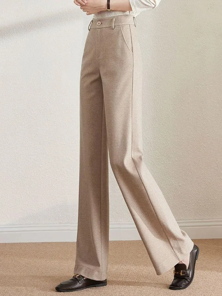 หญิงอย่างเป็นทางการหลวมกางเกงขากว้างเอวสูงผ้าขนสัตว์ผสม Baggy ตรง Pantalones สํานักงานหนา Calcas Feminina ใหม่ XQ61