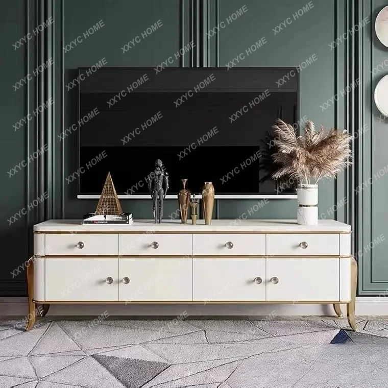 

Hlight luxury white solid wood TV cabinet modern simple living room high floor cabinet customization