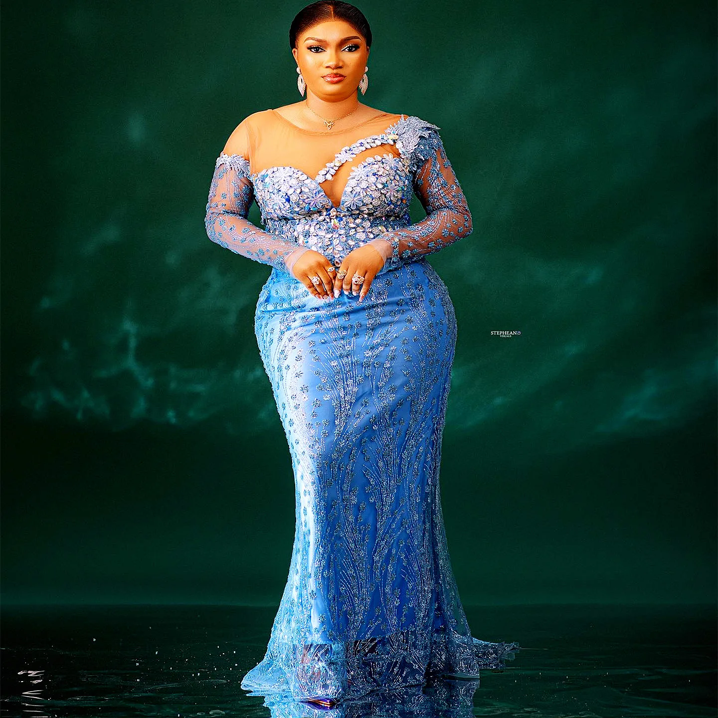 2024 Plus Size Mermaid Blue Prom Dresses Lace Crystals Evening Formal Party Second Engagement Birthday Gowns Dress ZJ05