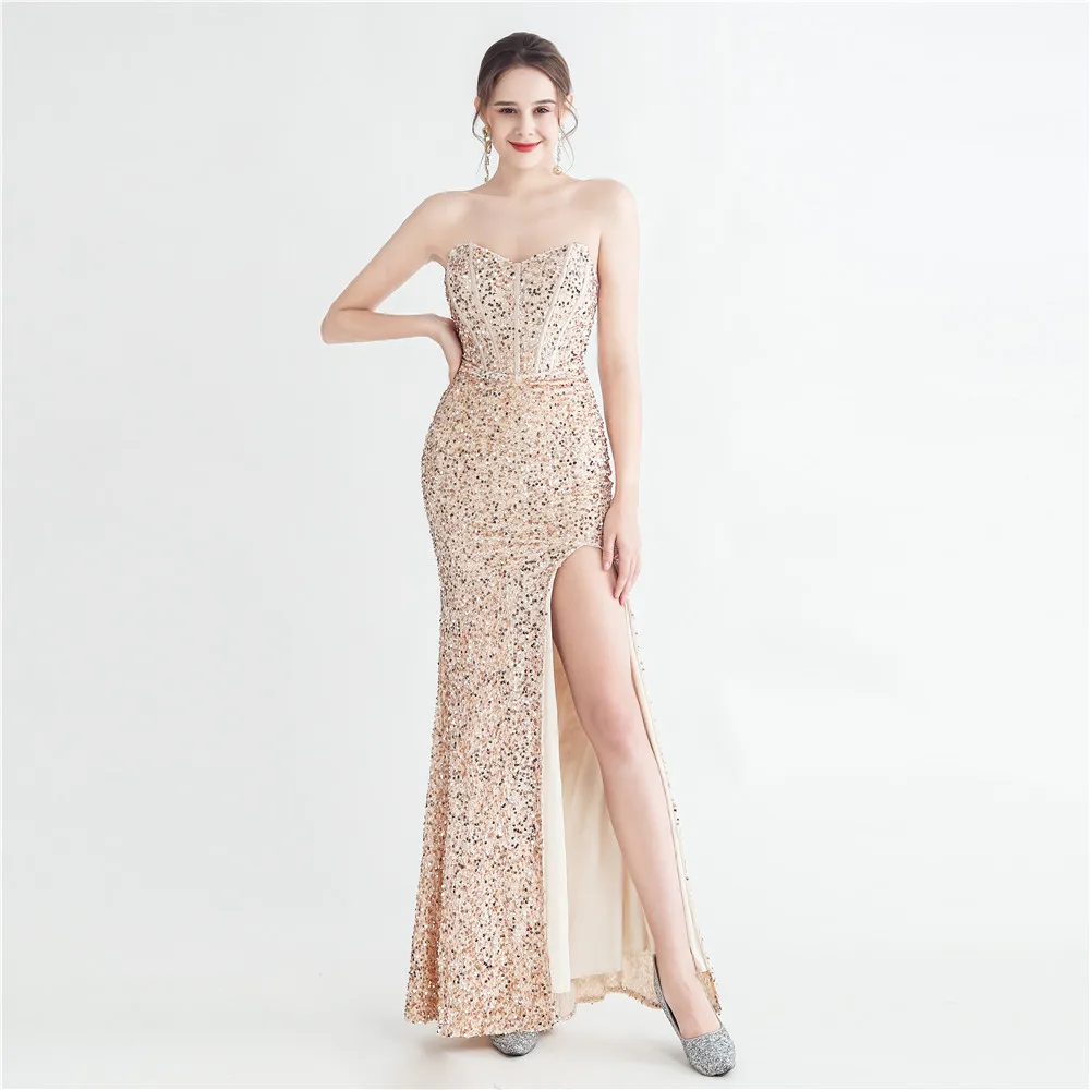 V-Neck Sleeveless Symphony Sequin Back Strap Corset Side Slit Strapless Herringbone Evening Dress