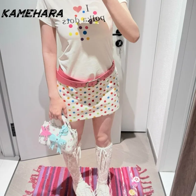

KAMEHARA Y2k Print Colorful Polka Dot Skirt for Woman Summer Designer A Line Knee Length Skirts Fashion Bottoms Clothing 니트 스커트
