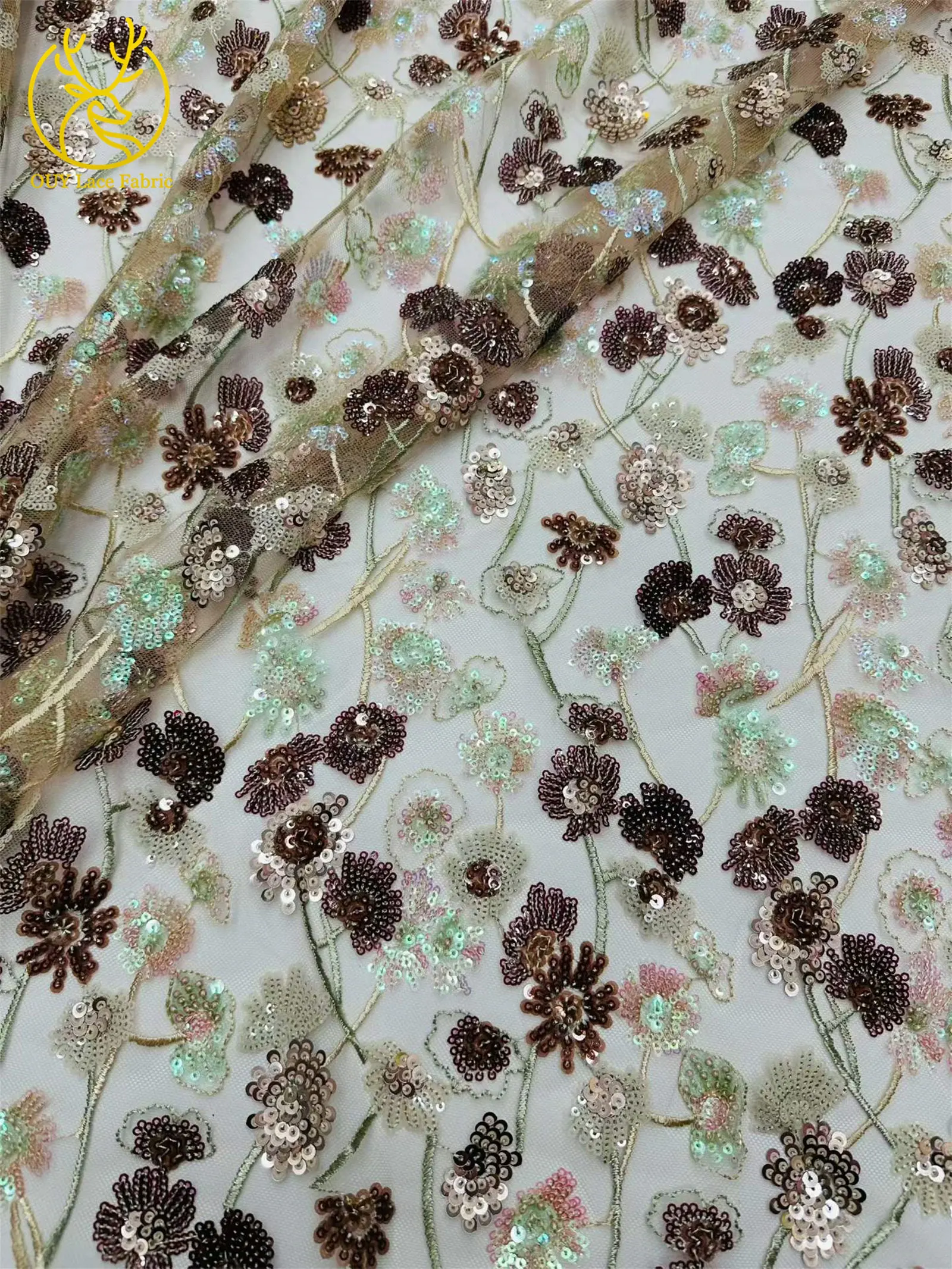 Luxuriöser afrikanischer Pailletten-Spitzenstoff, 5 Yards, hochwertige französische nigerianische Stickerei-Tüllspitze für Hochzeitsfeier, Brautkleid – Detail 12