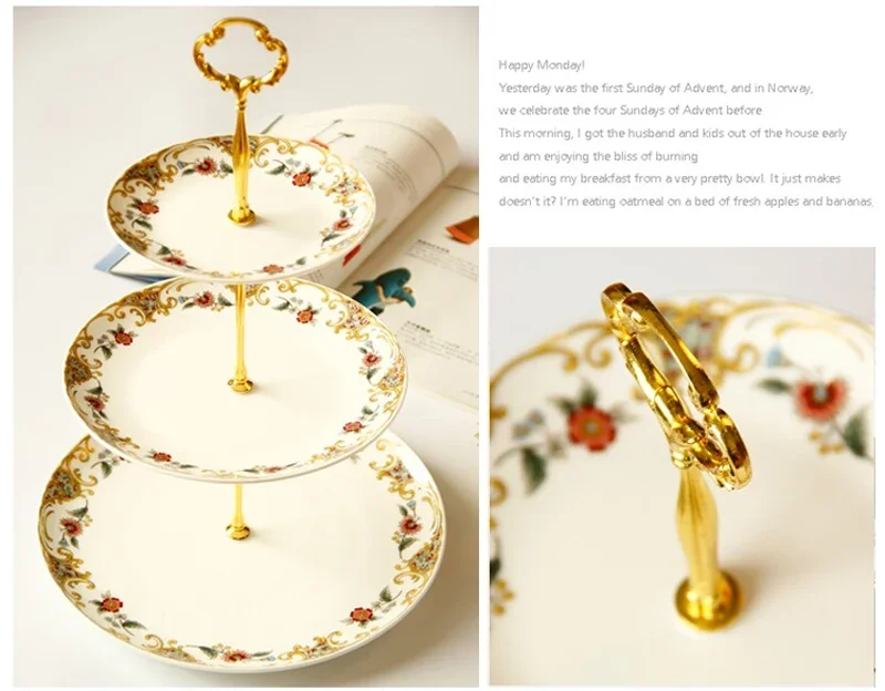 6+8+10inch, fine bone china floral cake stand, nordic ceramic, fruit plate, dish set, for buffet plate gold plates