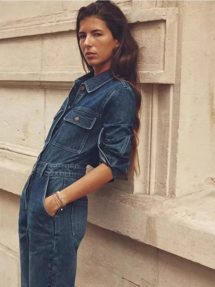 Blue Lapel Long Sleeved Jumpsuit For Women With A Stylish Front Pocket Embellishment, Straight Leg Long Denim Jumpsuit