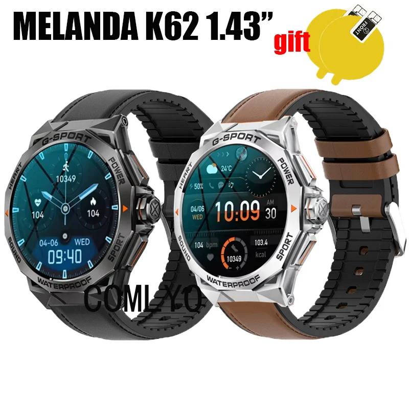 Band For MELANDA K62 1.43” Smart Watch Strap Leather + Silicone Sports Belt Screen Protector film