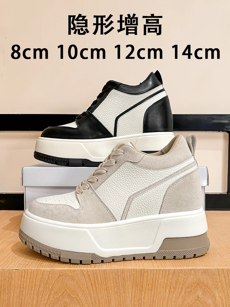 

8-14cm Women Increasing Shoes Genuine Leather Sport Shoes Chunky Platform Sneakers High Heels 10cm Hidden Heel Shoes