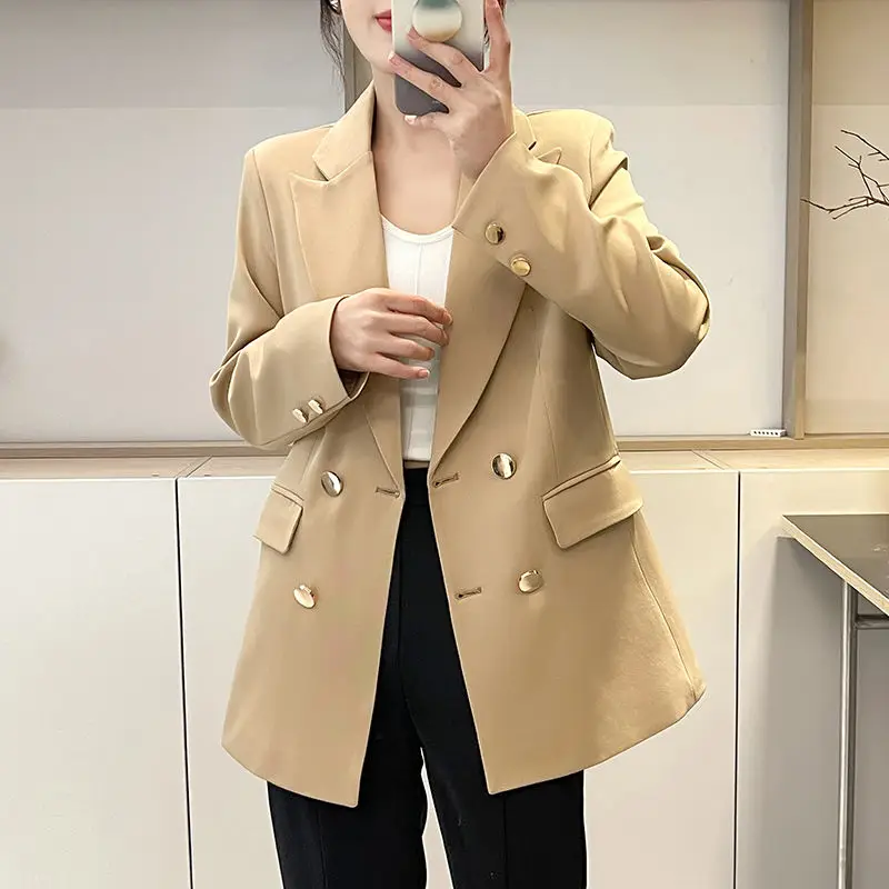 Blazer feminino elegante com seios duplos, jaqueta de manga comprida, monocromática, fina, casual, escritório, negócio, senhora, primavera, outono,