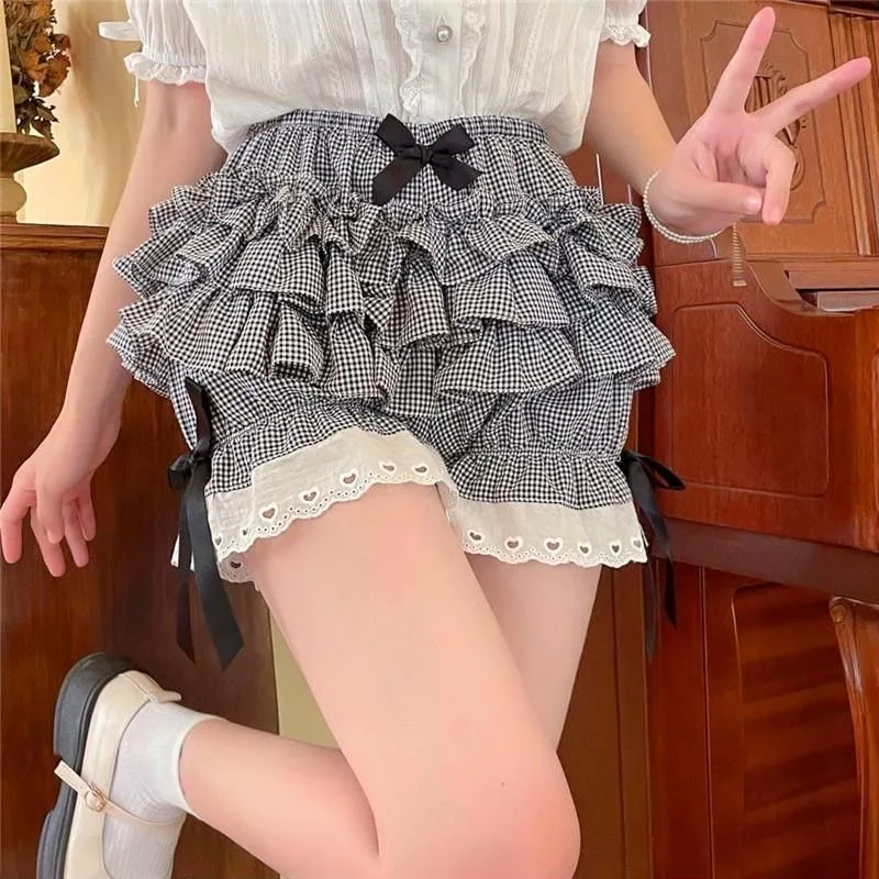 

S-3XL Kawaii Lolita Многослойная юбка с рюшами Шорты Черно-белая клетчатая пышная юбка Симпатичная юбка-торт с бантом Кружевные края Шаровары Sissy ABDL