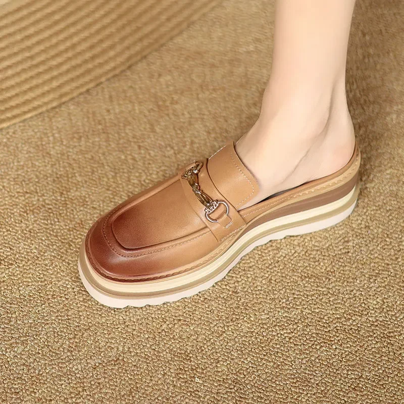 

Summer Glitter Platform Sandals Women's Genuine Leather British Sle Half Slippers High Heel Slope Follow Lazy Slippers 40