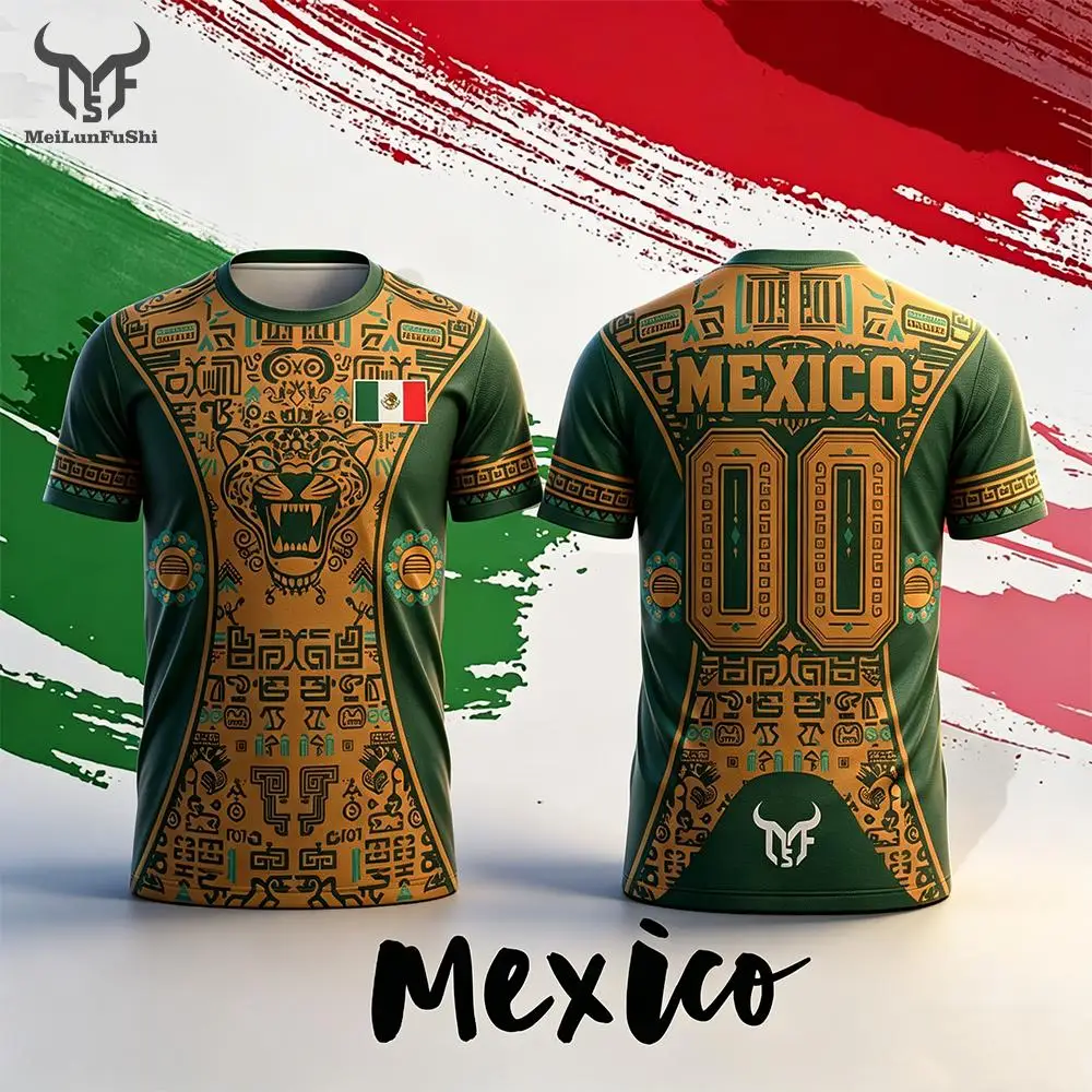 Mexico Style Jaguar Graphic Soccer T-shirt Men Summer Breathable Mexican Flag 3D Printed Jersey Unisex Casual Streetwear Top