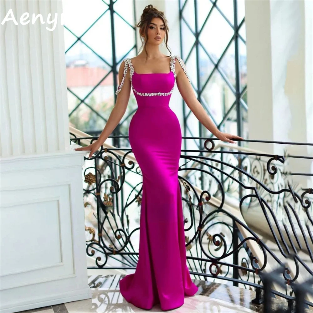 Aenyrst Sexy Spaghetti Strap Mermaid Prom Dresses Satin Crystal Bodycon Evening Gowns For Women Floor Length Dinner Party Dress