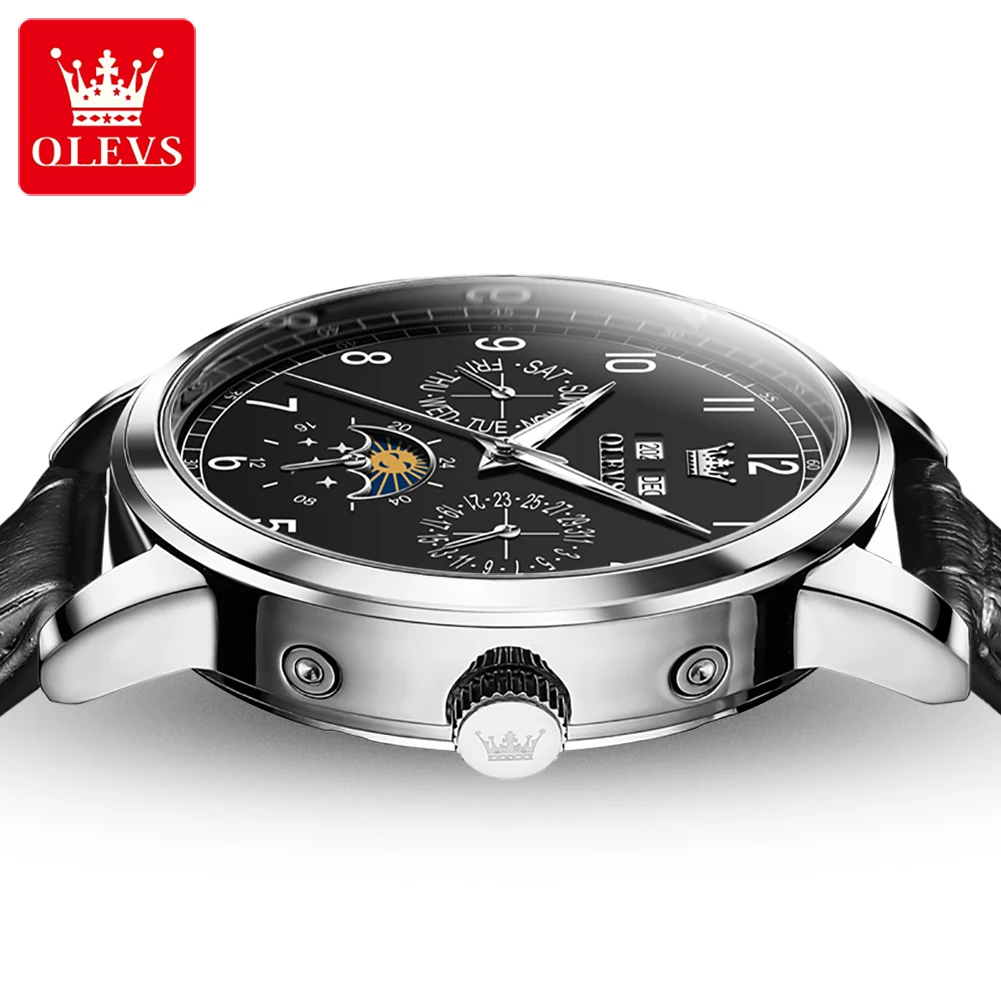 OLEVS 6698 Moon Phase Mechanical Watch for Men Number Scale Leather Strap Men's Hand Clock Waterproof Luxury Automatic Man Watch