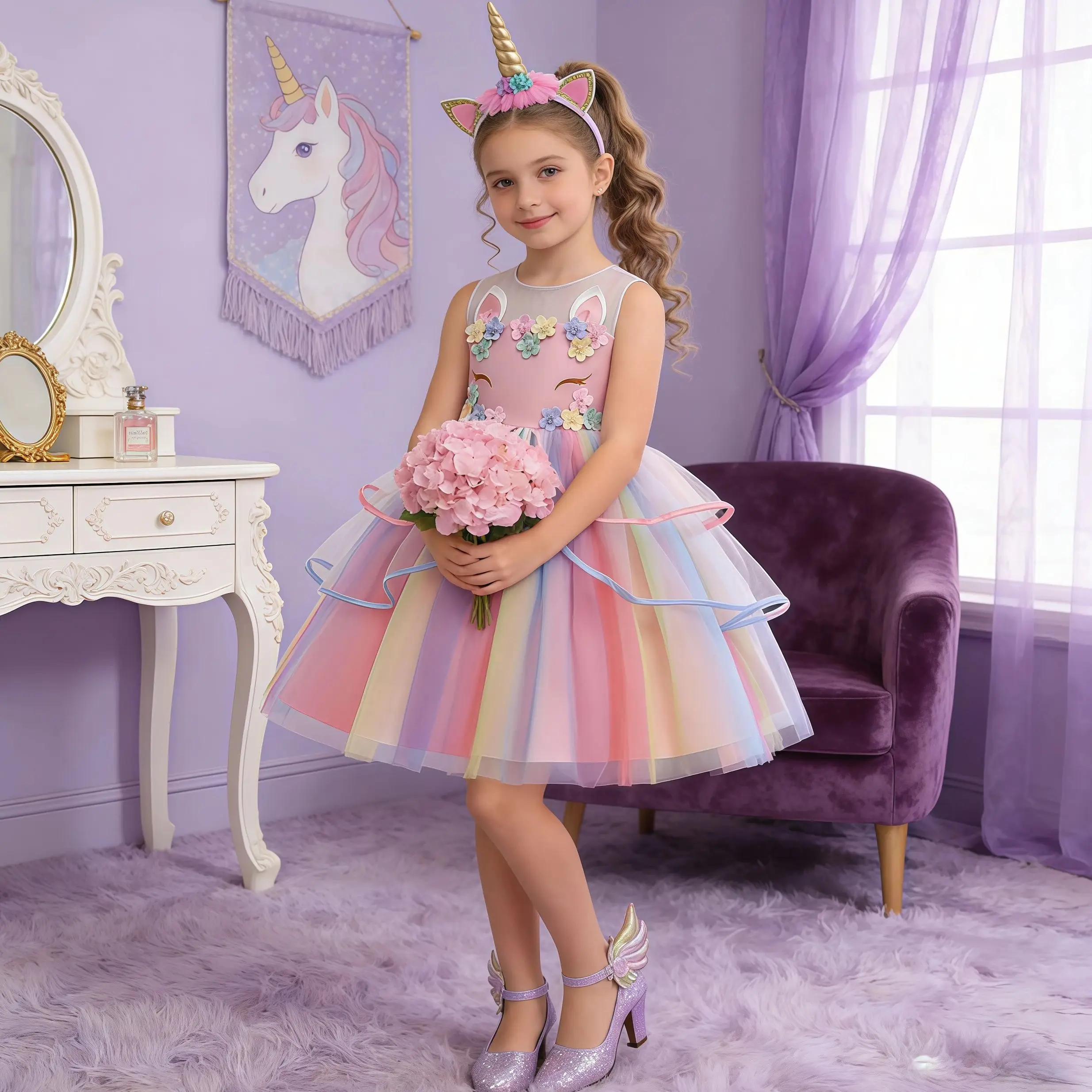 Vestido de Princesa Unicornio de Ensueño para Niñas, Vestido Informal de Verano con Malla Arcoíris para Niñas, para Carnaval, Bodas, Fiestas de Cumpleaños