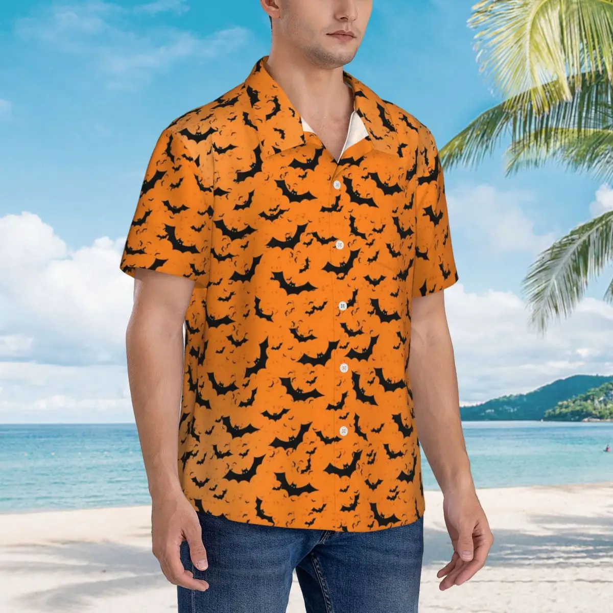 Bat-shirt havaiana clássica masculina, Dia das Bruxas, Laranja, Preto, Manga curta, Praia, Respirável, Gráfica, Blusas extragrandes, Casual