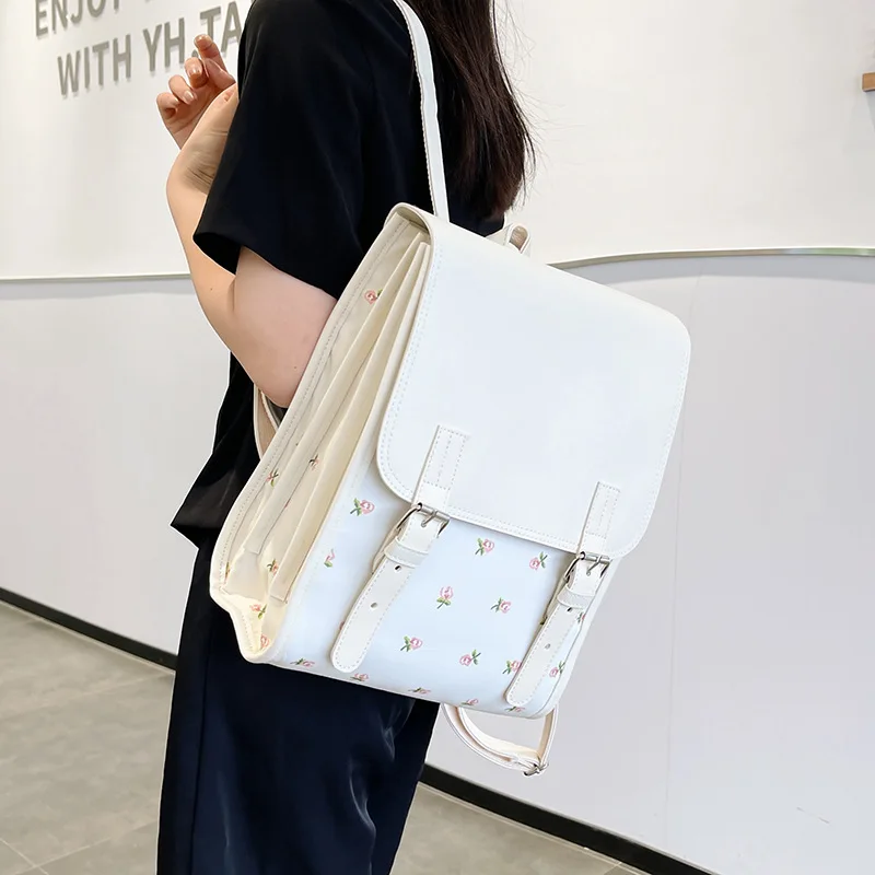 Women Teen Girls Ditsy Floral Flap Backpack Buckle Decor Large‑Capacity Fashion Portable Business Casual Schoolbag