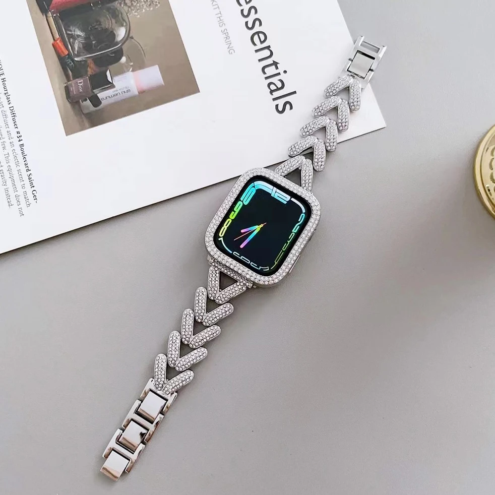 Pulseira de metal com diamante completo para Apple Watch Ultra 9 8 7 49mm 45mm 44mm, pulseira Deluxe Glitter iWatch Series 6 5 4 SE 42mm40mm