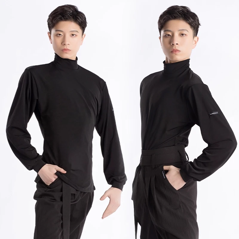 ملابس علوية للرجال للرقص اللاتيني باللون الأسود بأكمام طويلة ملابس راقصة تشا تشا رومبا ملابس تدريب لاتينية للرجال VDL1871