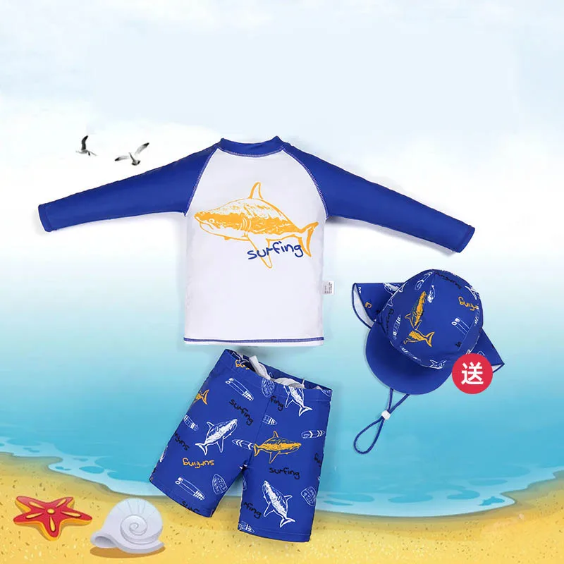 

New Long Sleeved Shorts Swimming Cap 3 Piece Set Splitting Boys Swimsuit Cartoon Quick Drying And Comfortable Swimming Suit