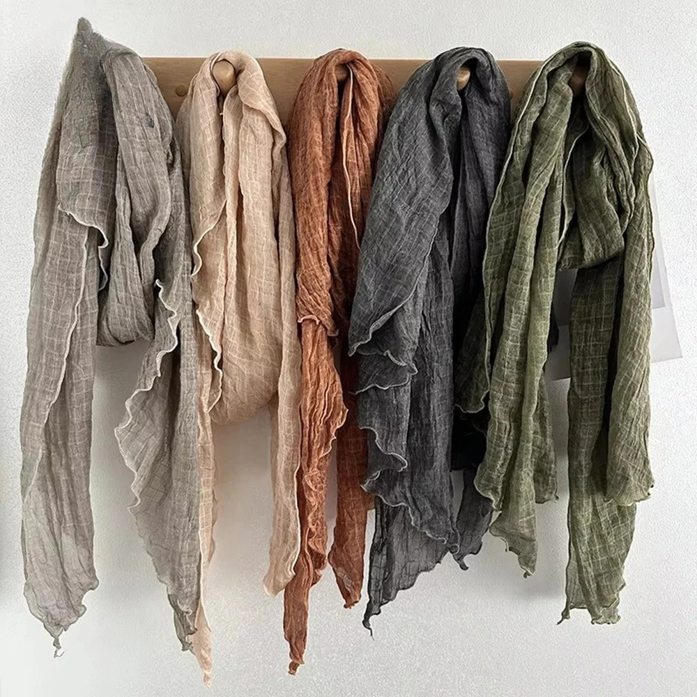 

Художественный хлопковый льняной шарф в стиле ретро, женский марлевый плиссированный тонкий платок, однотонные модные аксессуары