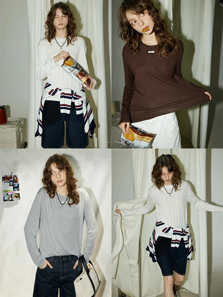 Camiseta BMLT de Manga Larga para Principios de Otoño, Cuello Redondo, Lana Merino, Estilo Coreano, Corte Holgado, Diseño Creativo