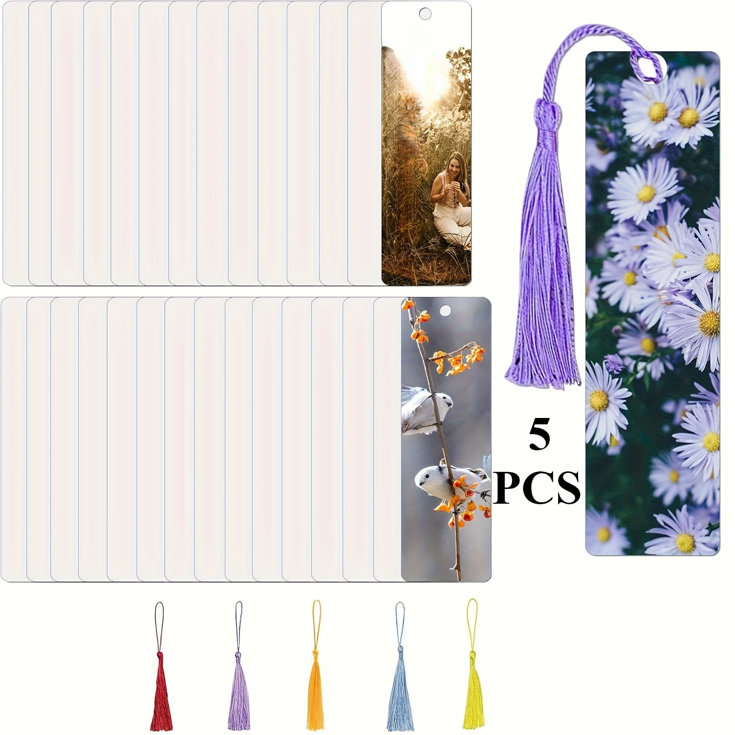 5 Pcs Double-Sided Sublimation Blank Bookmarks, Ultra-Thin Plastic DIY Bookmarks with Hole & Tassels for Crafts and Gifts