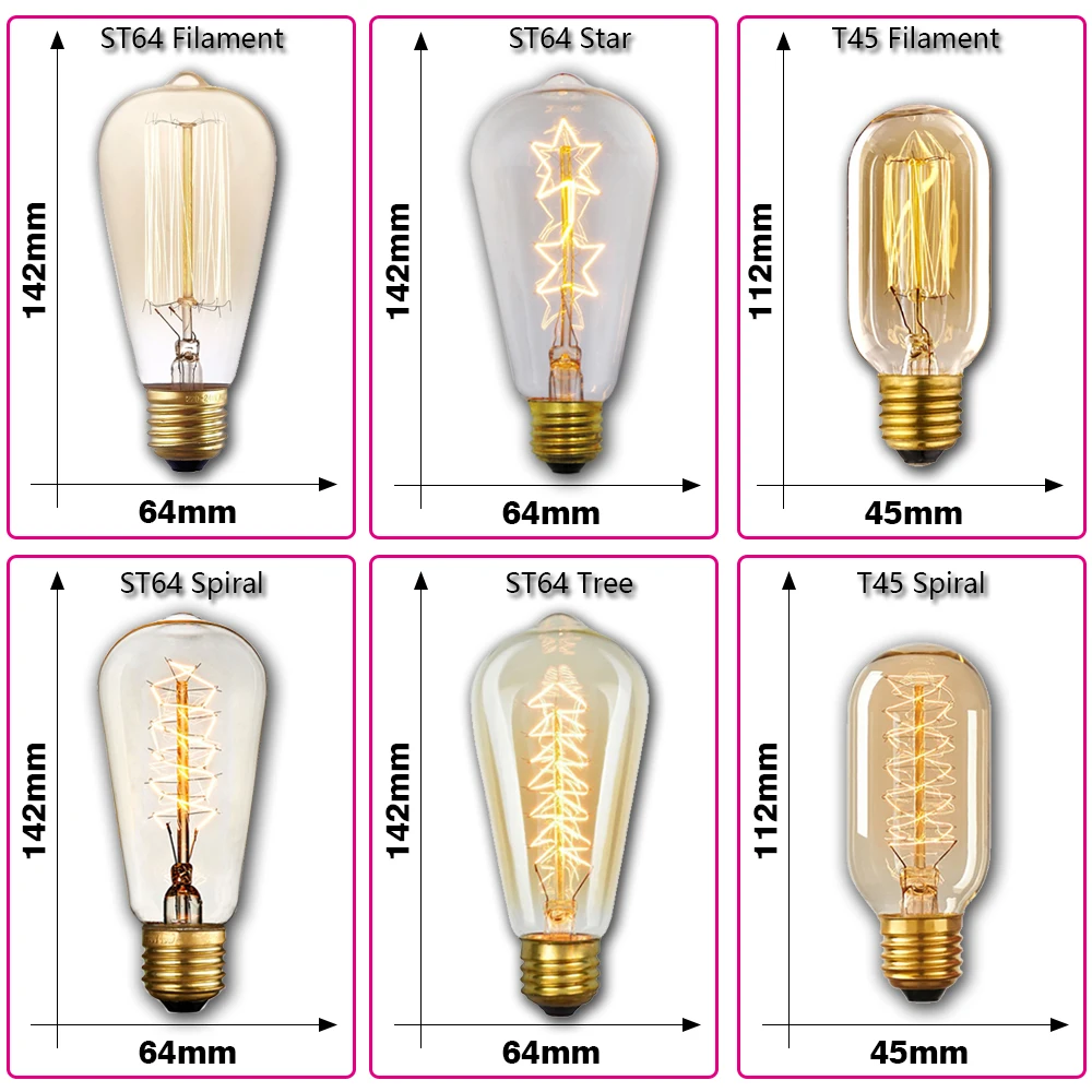 Retro edison lâmpada e27 40w 220v a60 st64 g80 g95 t10 edison lâmpada ampola vintage filamento lâmpada incandescente para decoração de casa